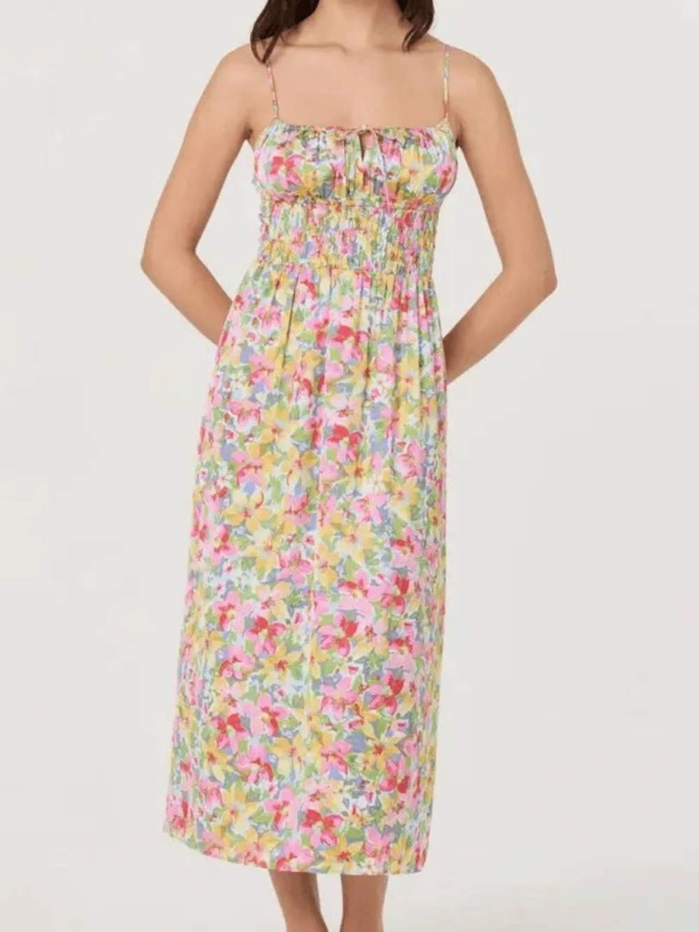 Floral Smocked Midi Sundress - Pink Multi NWT Nordstrom yellow blue green white
